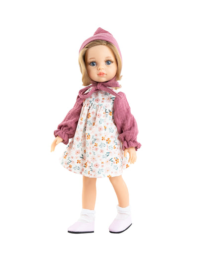 Poupée réaliste Las Amigas Clara avec robe fleurie et bonnet - Paola Reina